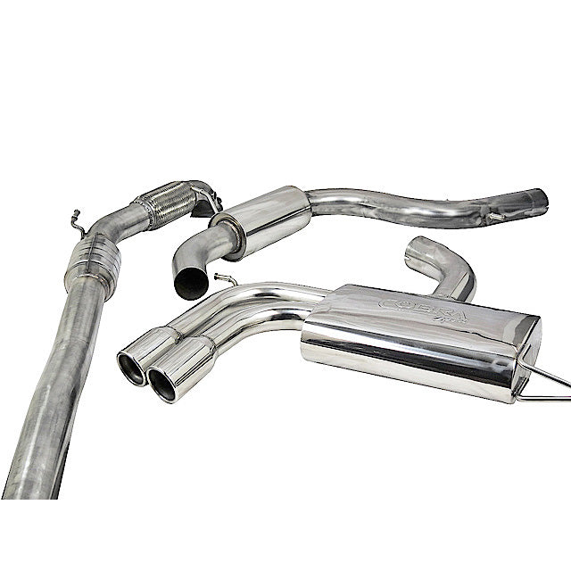 Cobra Sport turbo back performance exhaust installed on a 3-door Audi A3 8P 2.0 TFSI 2WD, showing polished metal pipework and exhaust tips.