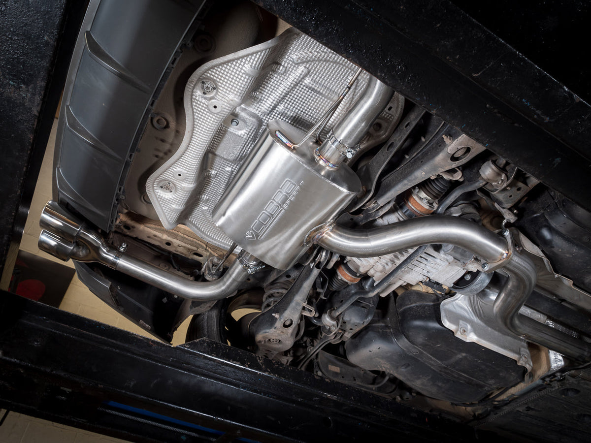 Cobra Sport cat back performance exhaust installed on Audi S3 8V 5-door Sportback GPF model, showing polished exhaust tips and piping.