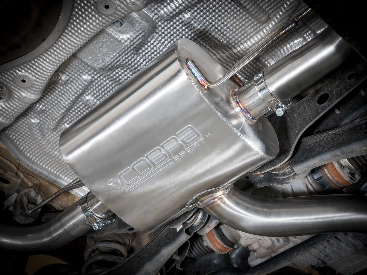 Cobra Sport Audi S3 8V 5-door Sportback cat back performance exhaust with valved system, stainless steel finish and dual tips.