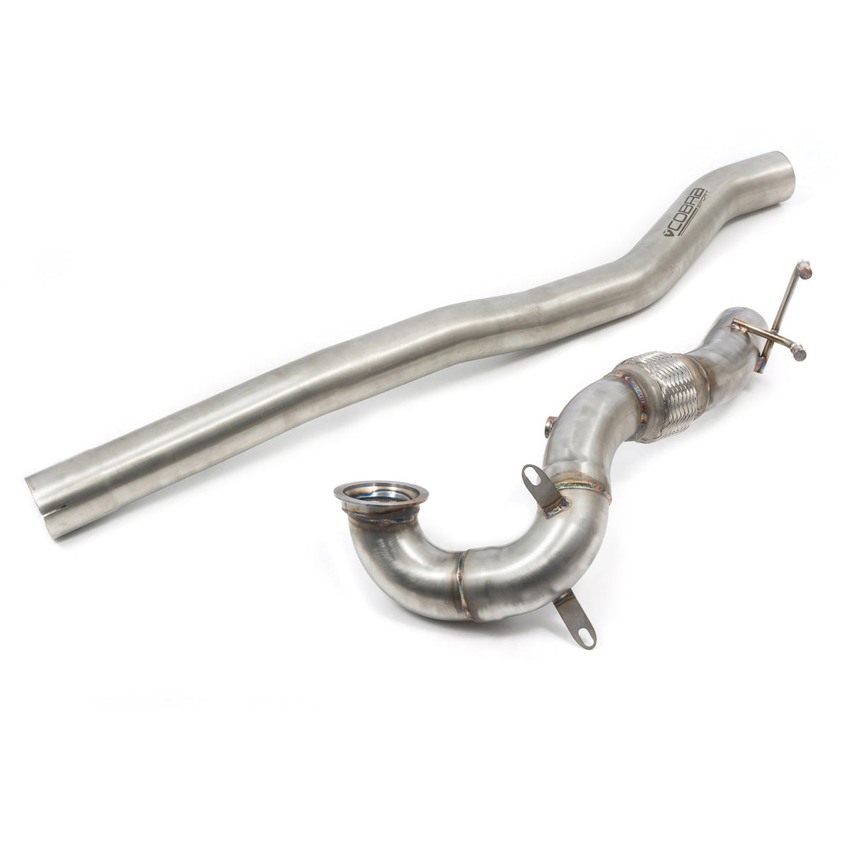 Cobra Sport Audi S3 8V front downpipe with sports cat, showcasing the performance exhaust with valve system in a sleek design.
