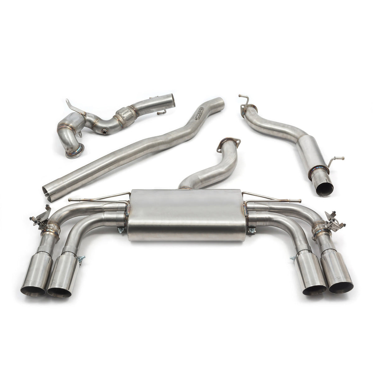 Cobra Sport turbo back performance exhaust for Audi S3 8V 3-door with valved design, silver metal finish, and dual exhaust tips