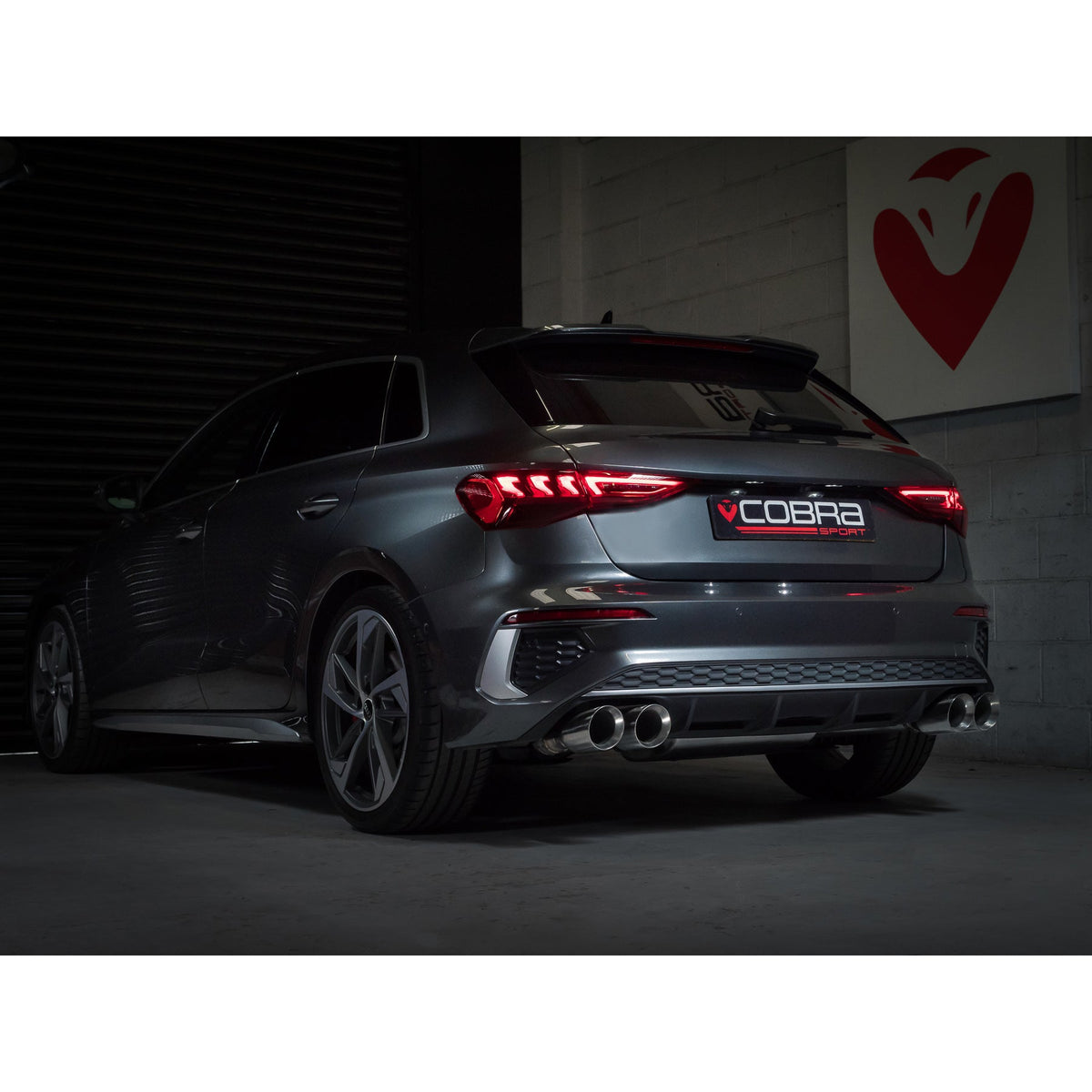 Cobra Sport Audi S3 8Y 5-door Sportback GPF back performance exhaust with polished tips and dual outlet design.