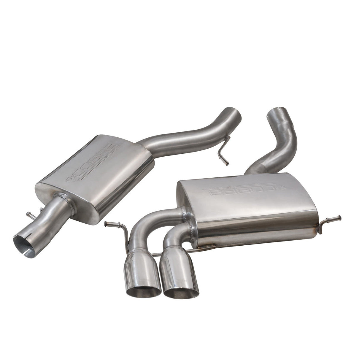 Cobra Sport Audi S3 8P Quattro 3-door cat back performance exhaust system with polished tips and dual exhaust outlets.