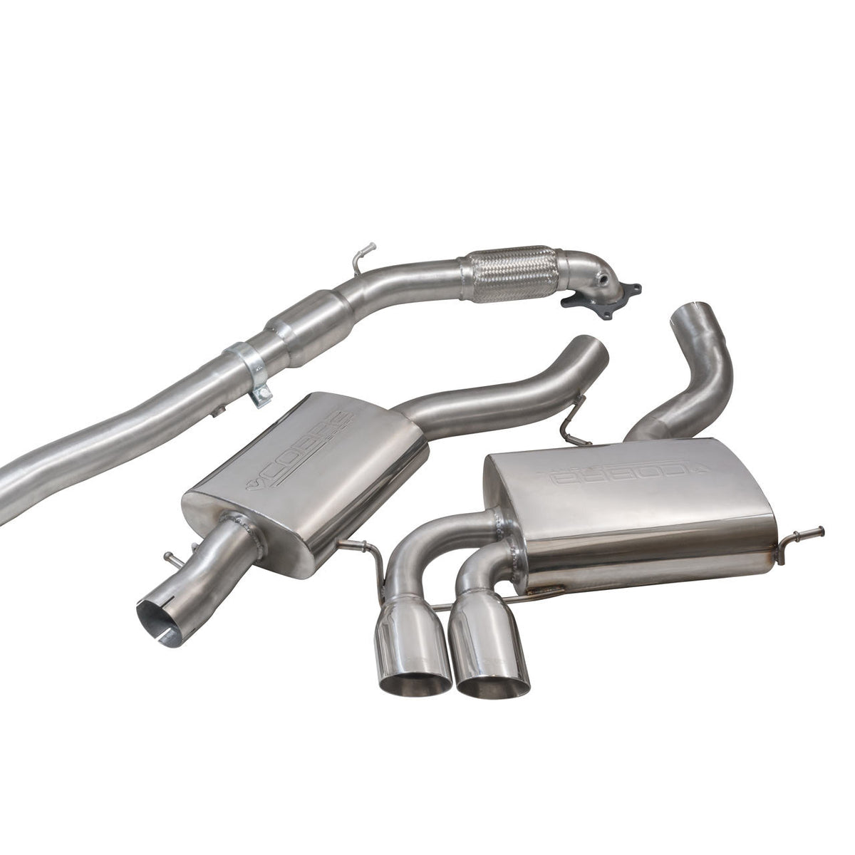 Cobra Sport turbo back performance exhaust for Audi S3 8P Quattro 3-door, showing polished metal exhaust tips and piping.