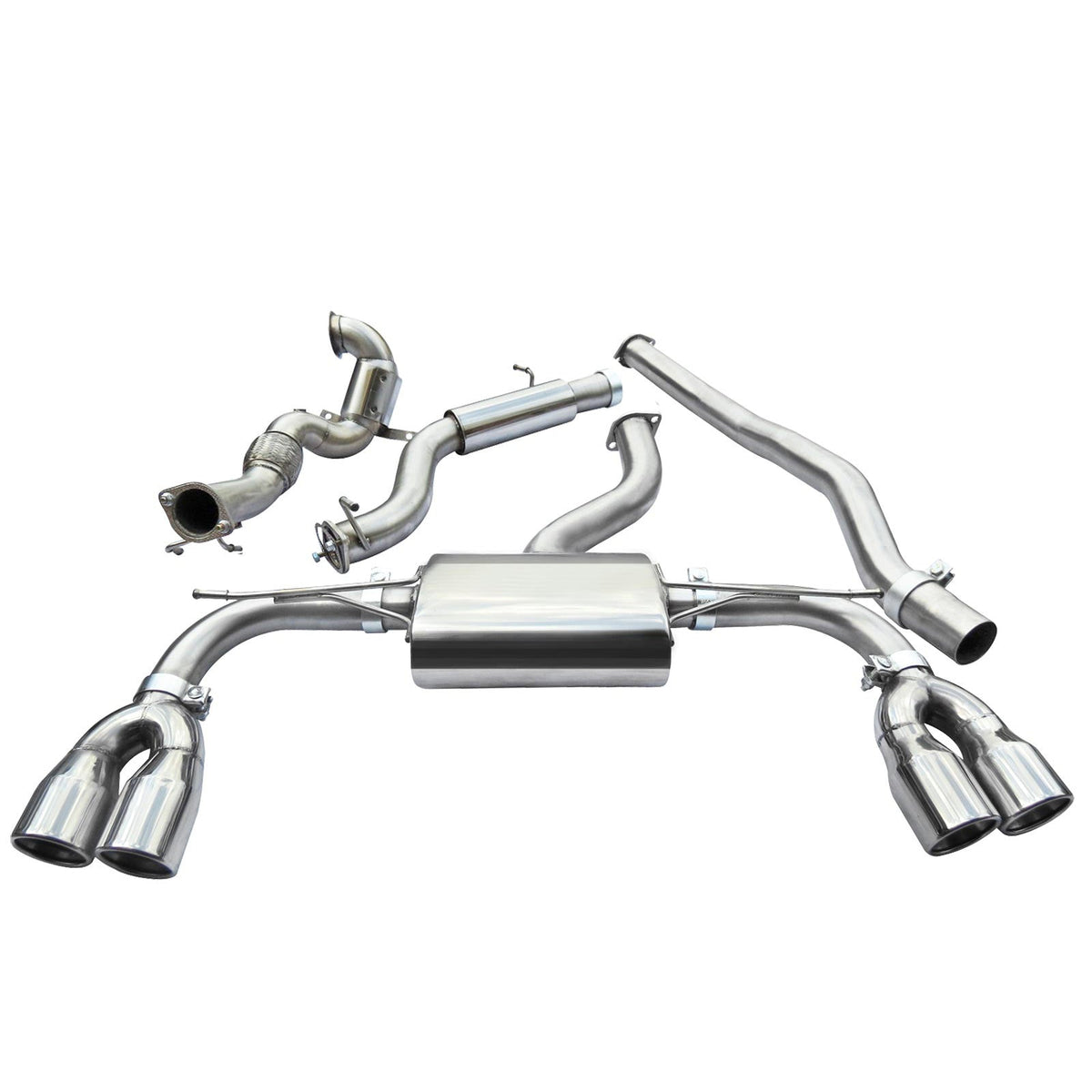 Cobra Sport turbo back performance exhaust for Audi S3 8V saloon, non-valved design, showcasing the polished exhaust tips and piping