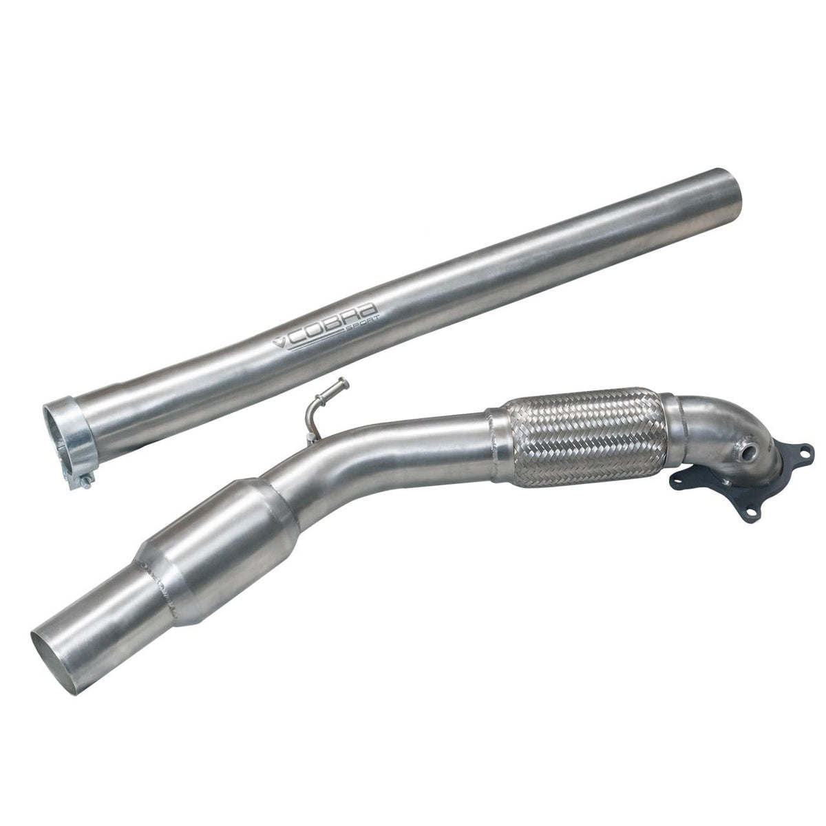 Cobra Sport Audi TTS Mk2 Quattro front downpipe with sports cat, part of performance exhaust system, shown in metallic finish.