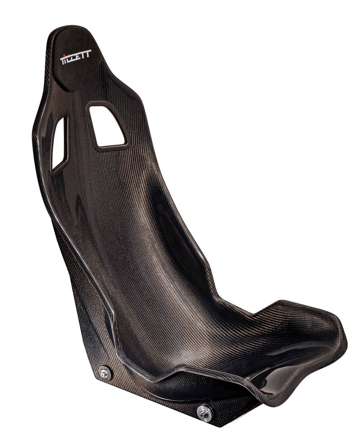 TILLETT B10 full-carbon racing car seat with supportive design for motorsport, shown from the front angle.