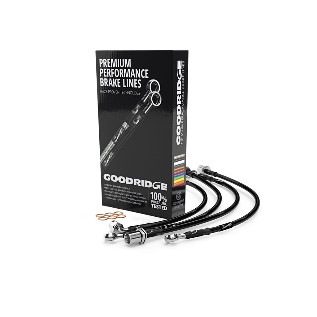 Goodridge brake hose kit for BMW M4 Competition M xDrive, showing black braided brake hoses and fittings.