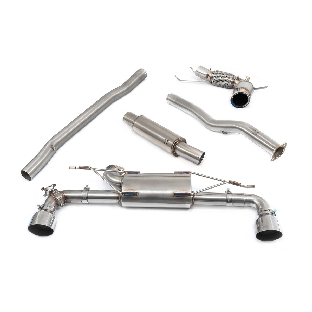 Cobra Sport BMW M135i F40 turbo back performance exhaust with resonated sports cat, boxed design, and valve system.