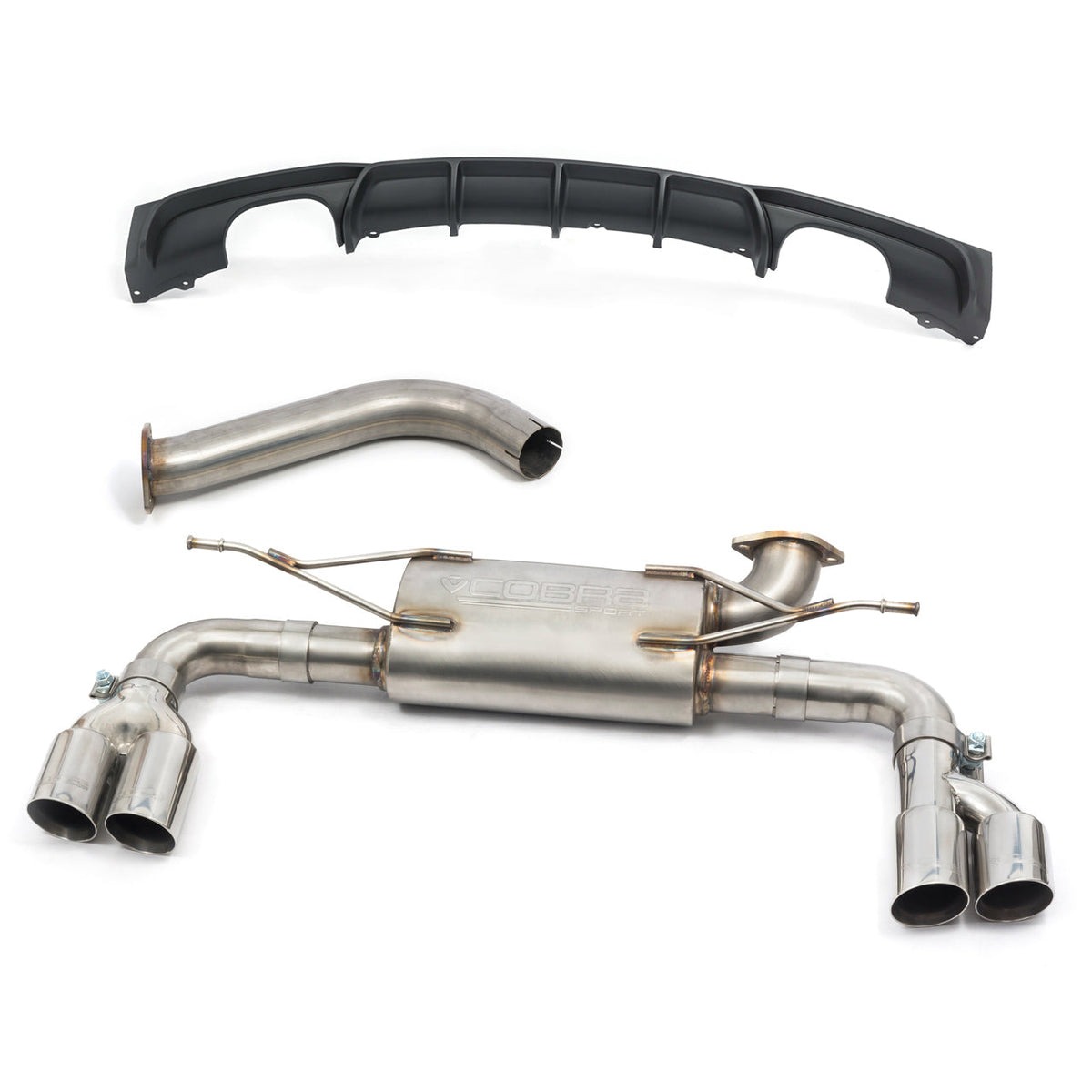 Cobra Sport BMW 325D F30 LCI quad exit M3 style performance exhaust conversion showing polished quad exhaust tips on vehicle.