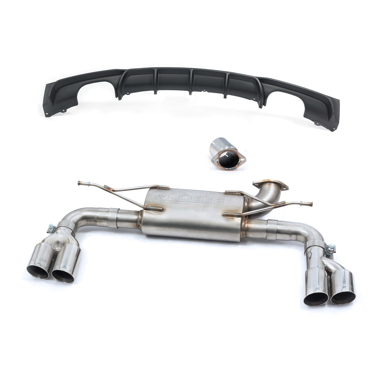 Cobra Sport BMW 320i F30 LCI quad exit M3 style performance exhaust conversion on GPF models, showcasing the quad exit design.