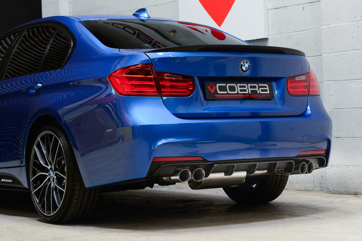 Cobra Sport BMW 325D F30 LCI quad exit M3 style performance exhaust conversion on a 2015-19 BMW 325D F30 LCI.
