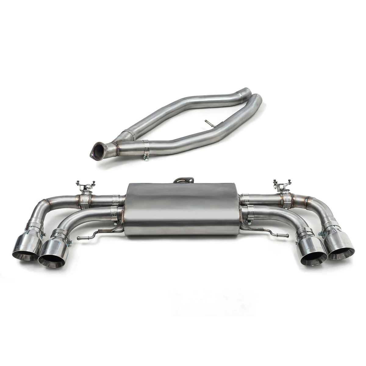 Cobra Sport BMW M340i G20 G21 quad exit valved GPF/OPF back performance exhaust with twin tips and twin valves.