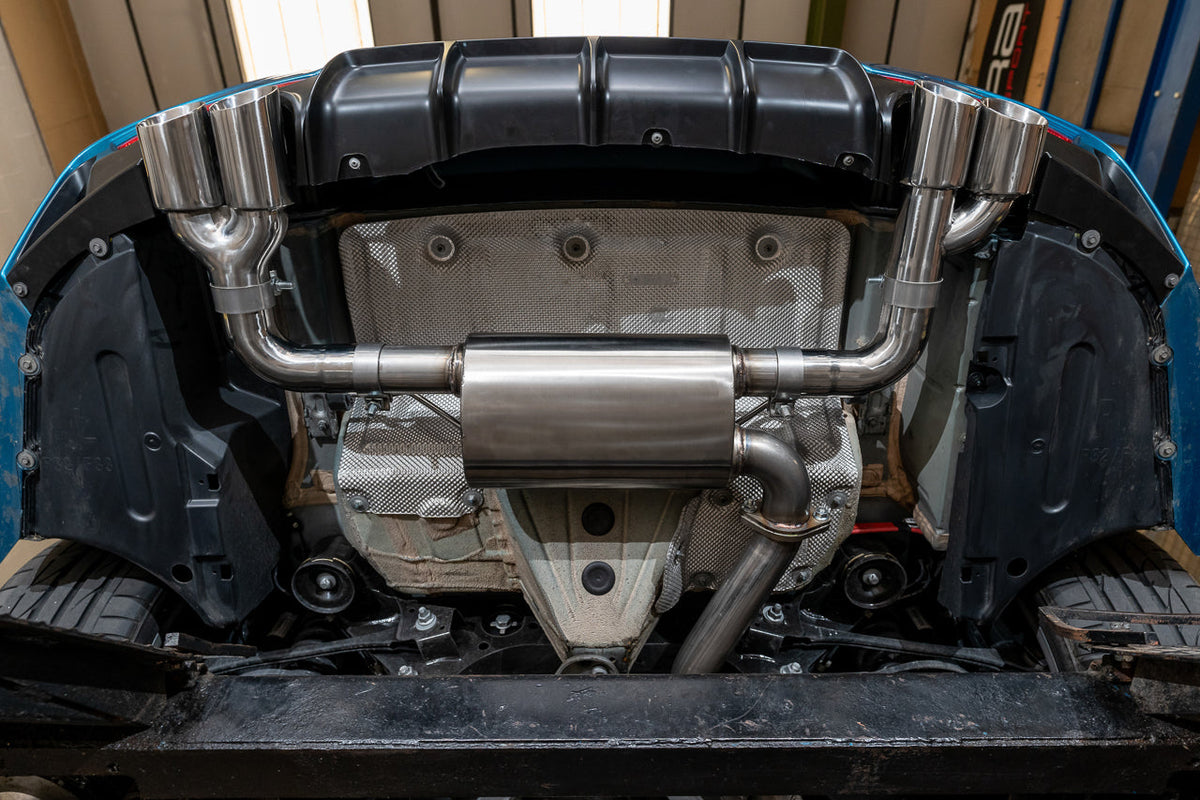 Cobra Sport BMW 325D quad exit M3 style performance exhaust conversion on F30 LCI and F31 LCI models, 2015-19.