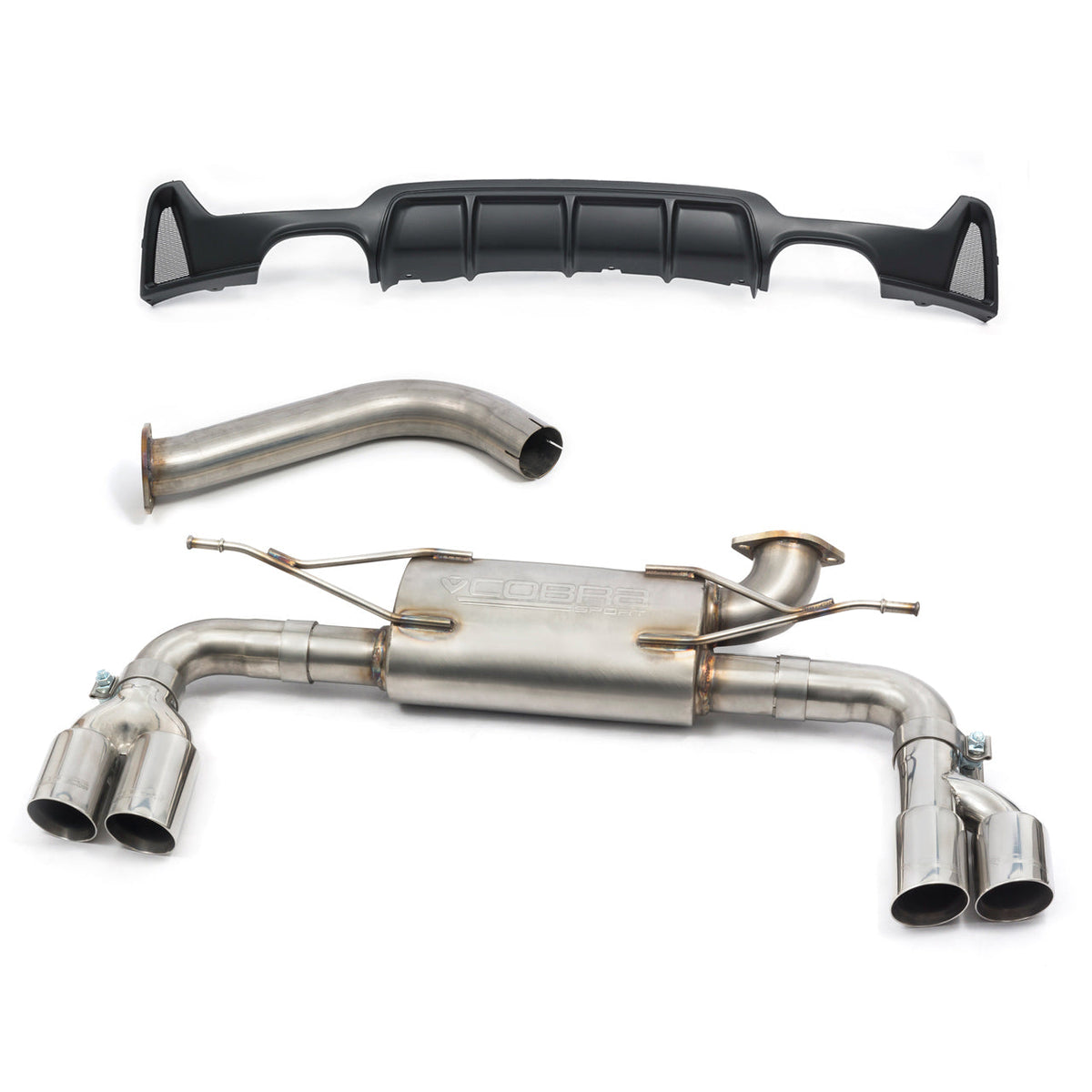 Cobra Sport BMW 420i F32/F33/F36 quad exit M4 style performance exhaust conversion, black and chrome finish on car rear view