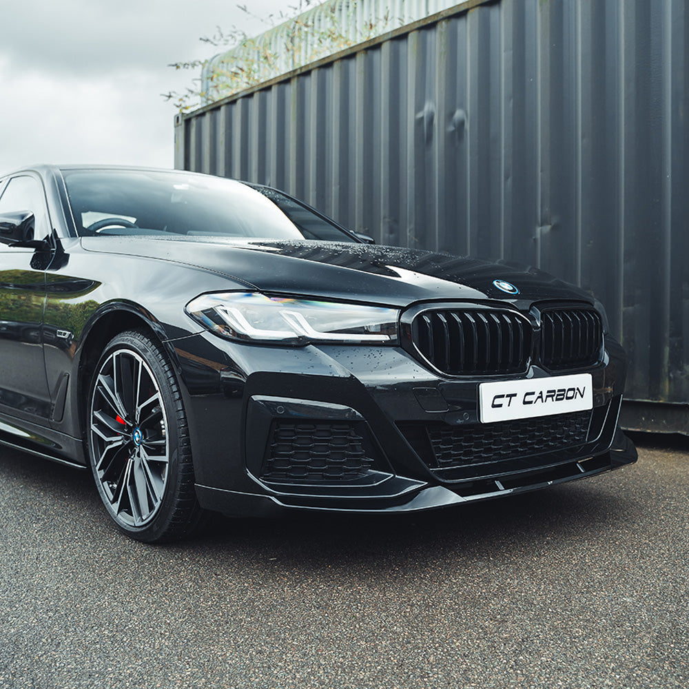 BMW 5 Series G30 G31 LCI CT Carbon gloss black splitter, V2, showing the sleek aerodynamic design on the front bumper.