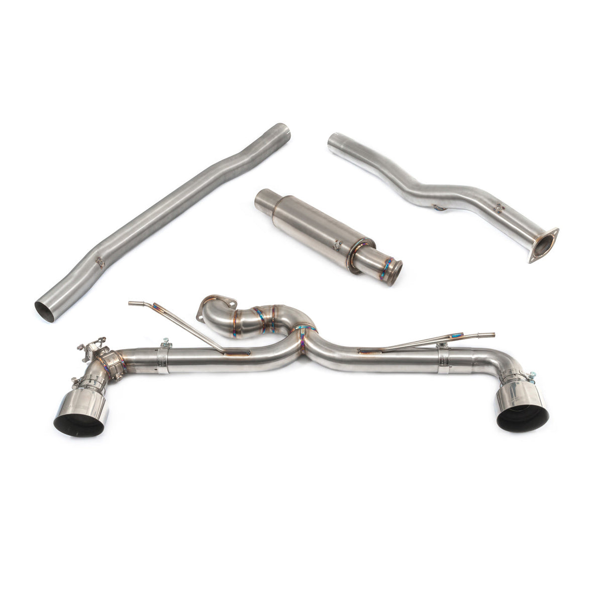 Cobra Sport BMW M135i F40 Venom cat back race exhaust with resonated and valved design, showcasing its sleek chrome finish.
