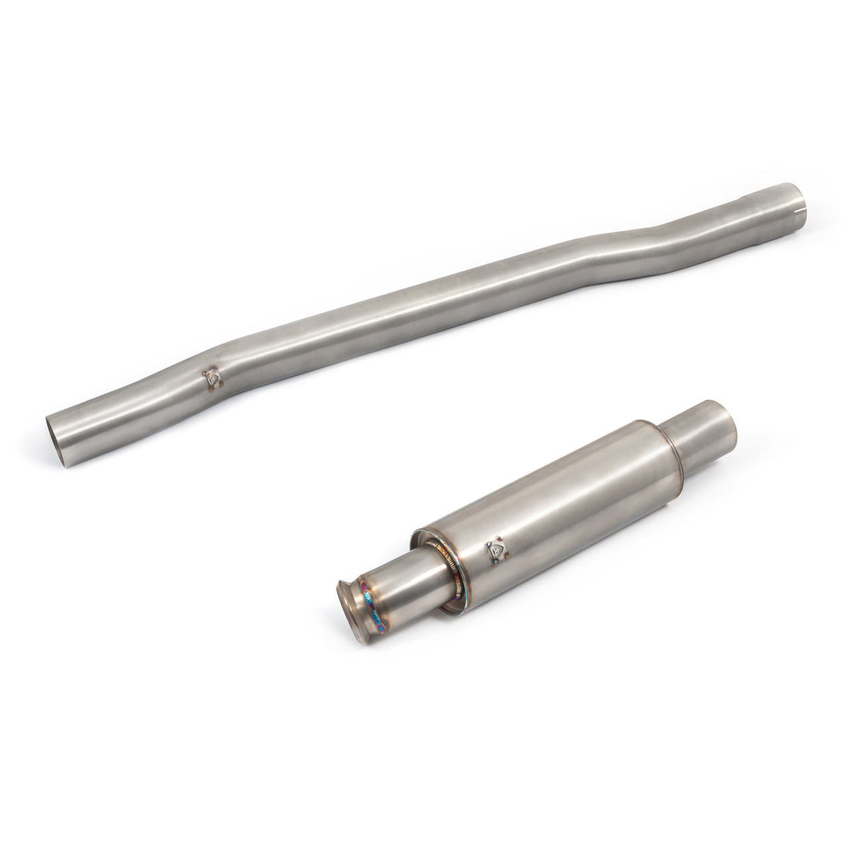 Cobra Sport GPF/OPF delete back exhaust for BMW M135i F40, showing polished stainless steel pipes and exhaust tips.