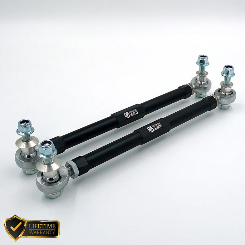 Suspension Secrets adjustable front drop links for BMW G87 M2, showing close-up of linkage components and mounting points.