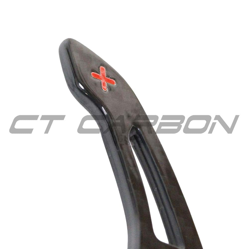 BMW Fxx carbon fiber shifter paddles V3 by CT Carbon, close-up of sleek, lightweight racing-style gear shift paddles.