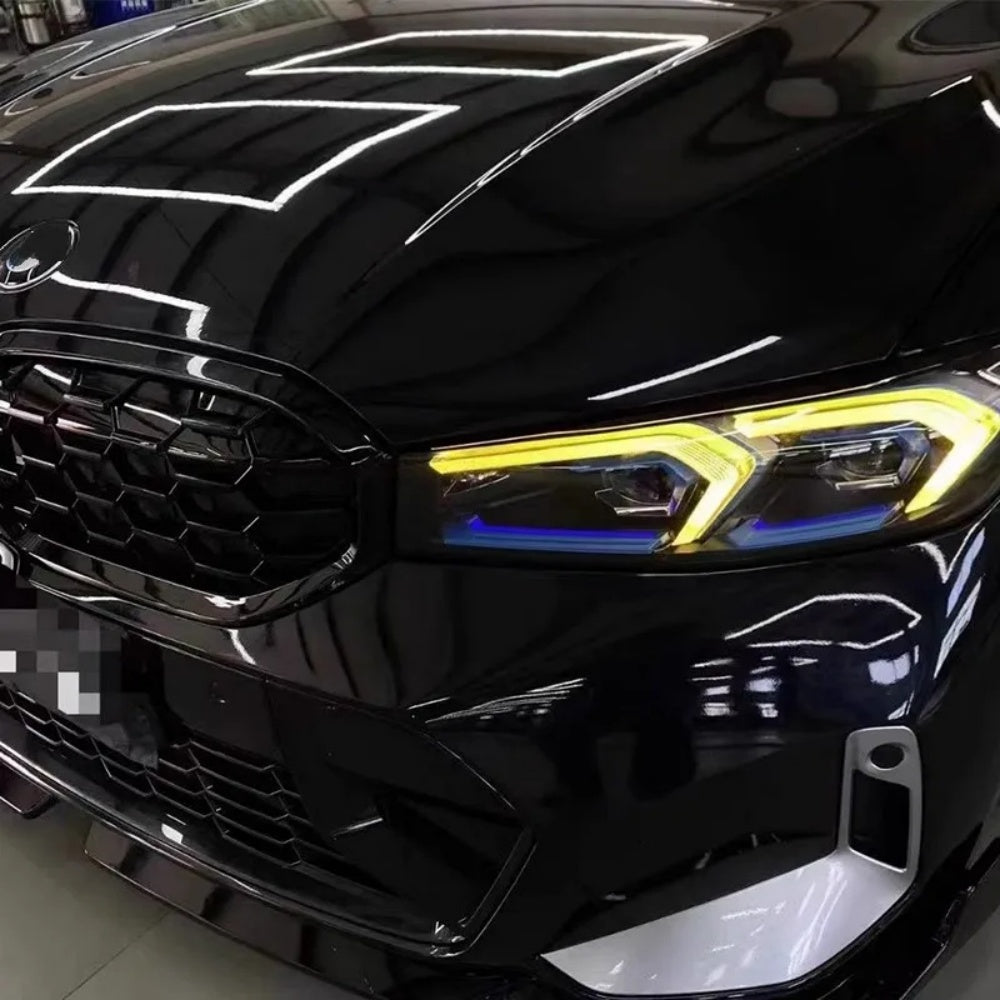 BMW G20 G21 3 Series LCI yellow adaptive DRL module set by CT Carbon, showing the installed LED daytime running lights.