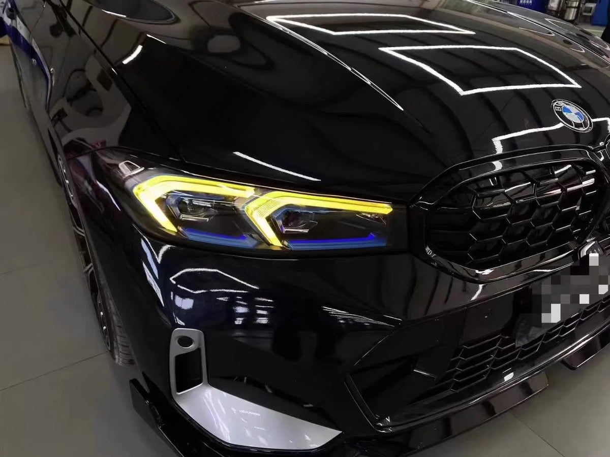 BMW G20 G21 3 Series LCI yellow adaptive DRL module set by CT Carbon, showing the automotive LED daytime running lights.