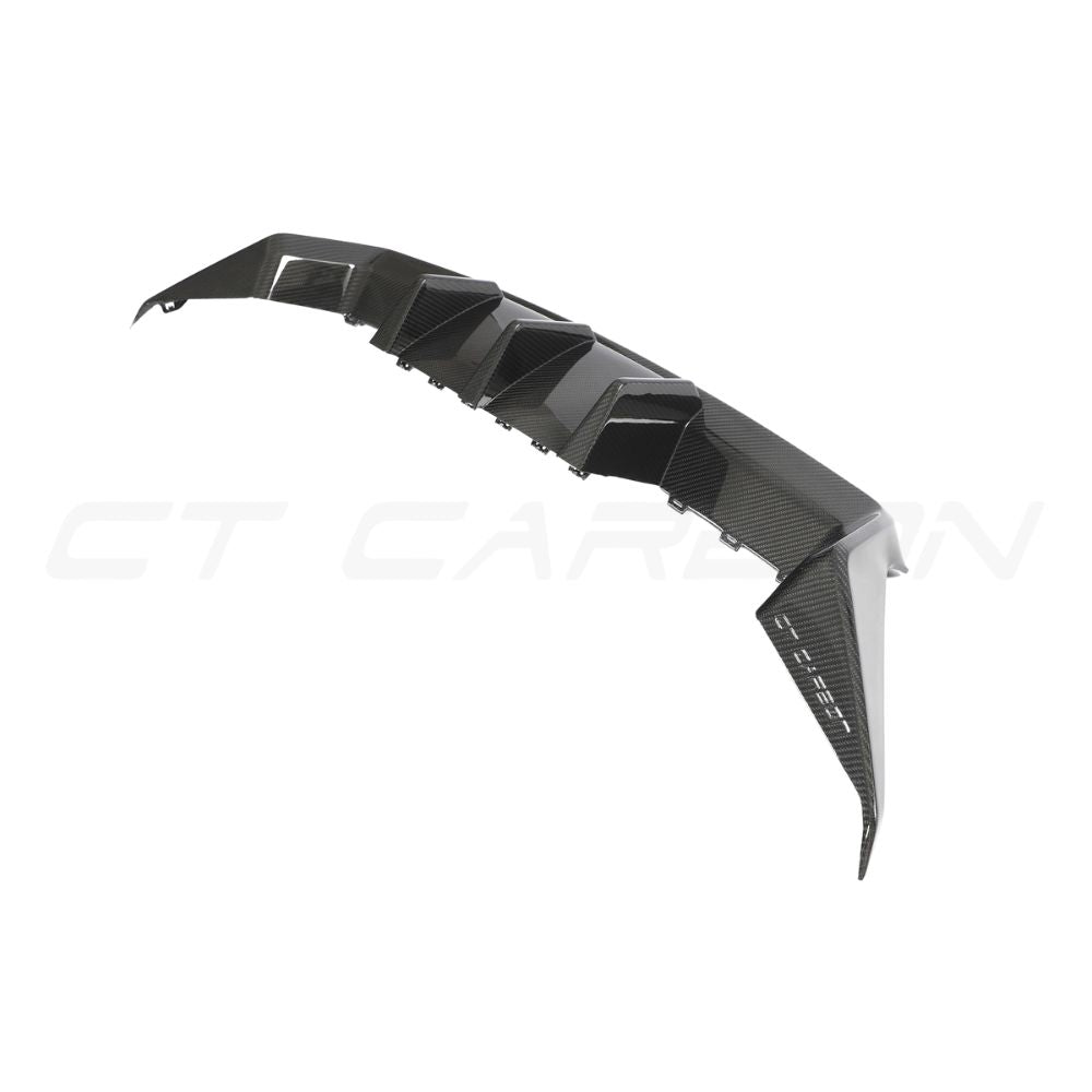 BMW G87 M2 carbon fibre diffuser by CT Carbon, V3 design, showcasing the sleek carbon fibre finish and aerodynamic details.