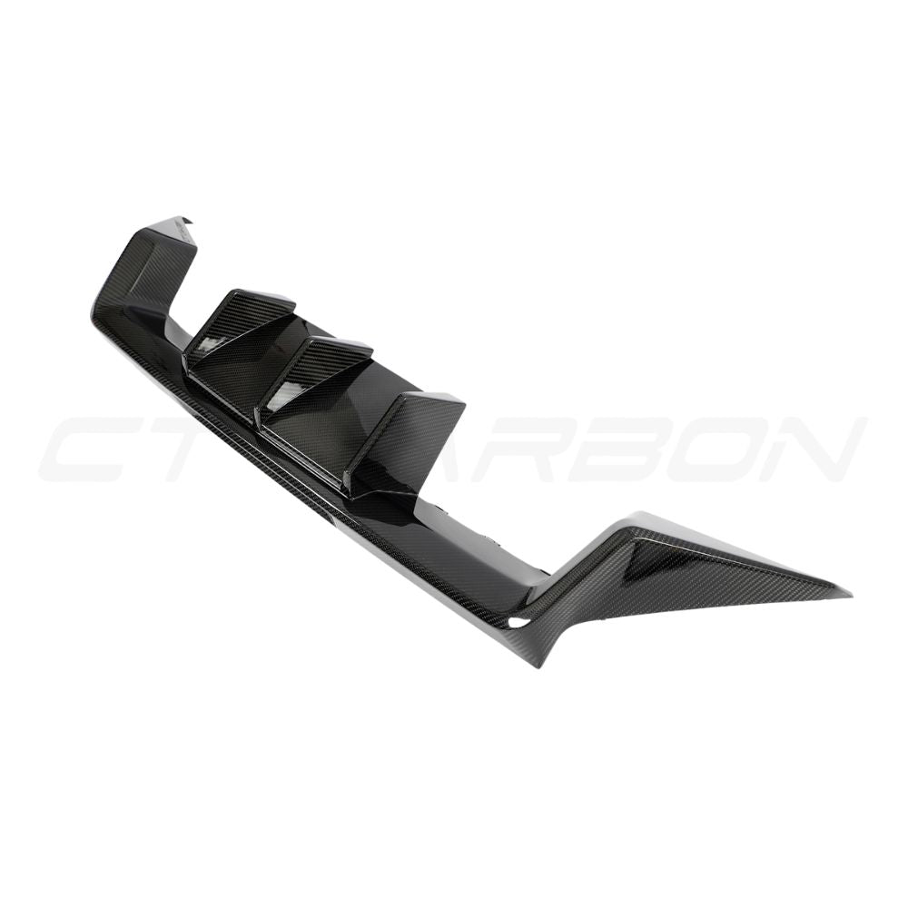 BMW G87 M2 carbon fiber diffuser by CT Carbon, V3 design, showcasing sleek black carbon fiber material and aerodynamic fins.