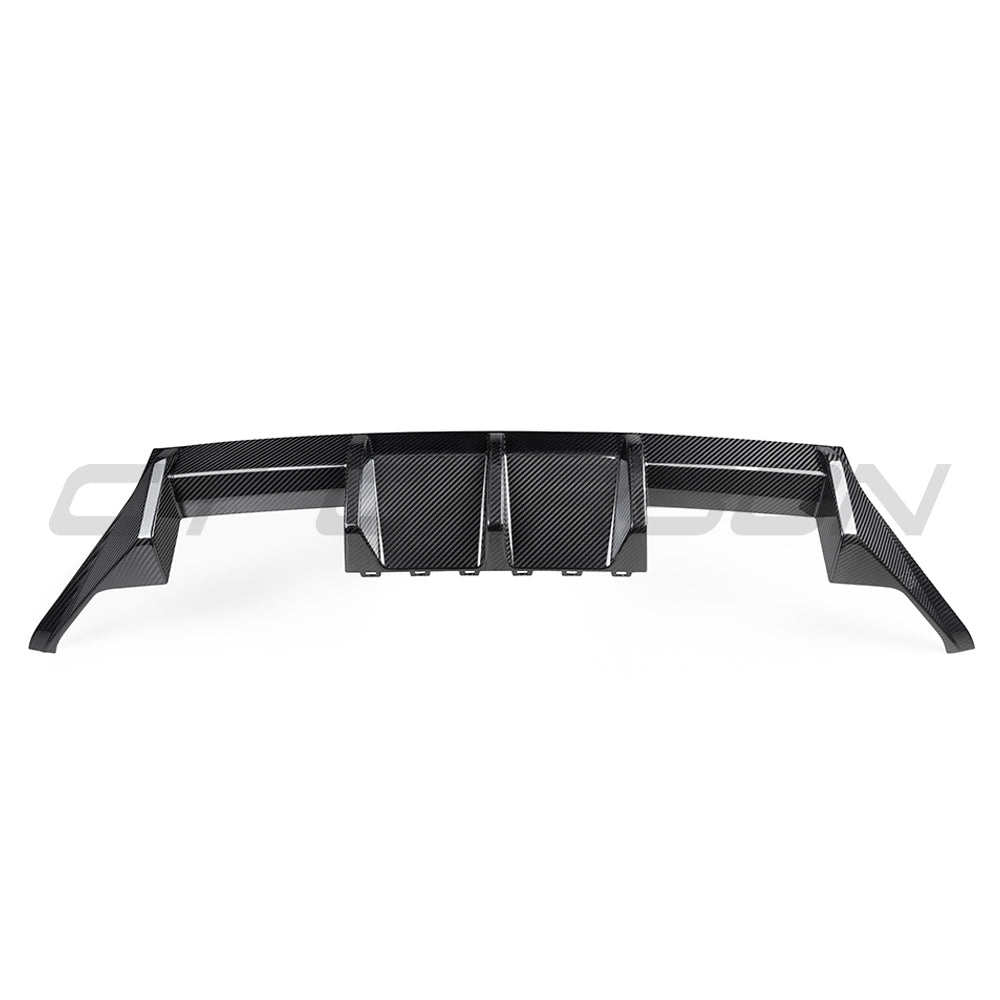 BMW G87 M2 carbon fibre rear diffuser by CT Carbon, V2, showcasing its sleek carbon fibre design and aerodynamic features.