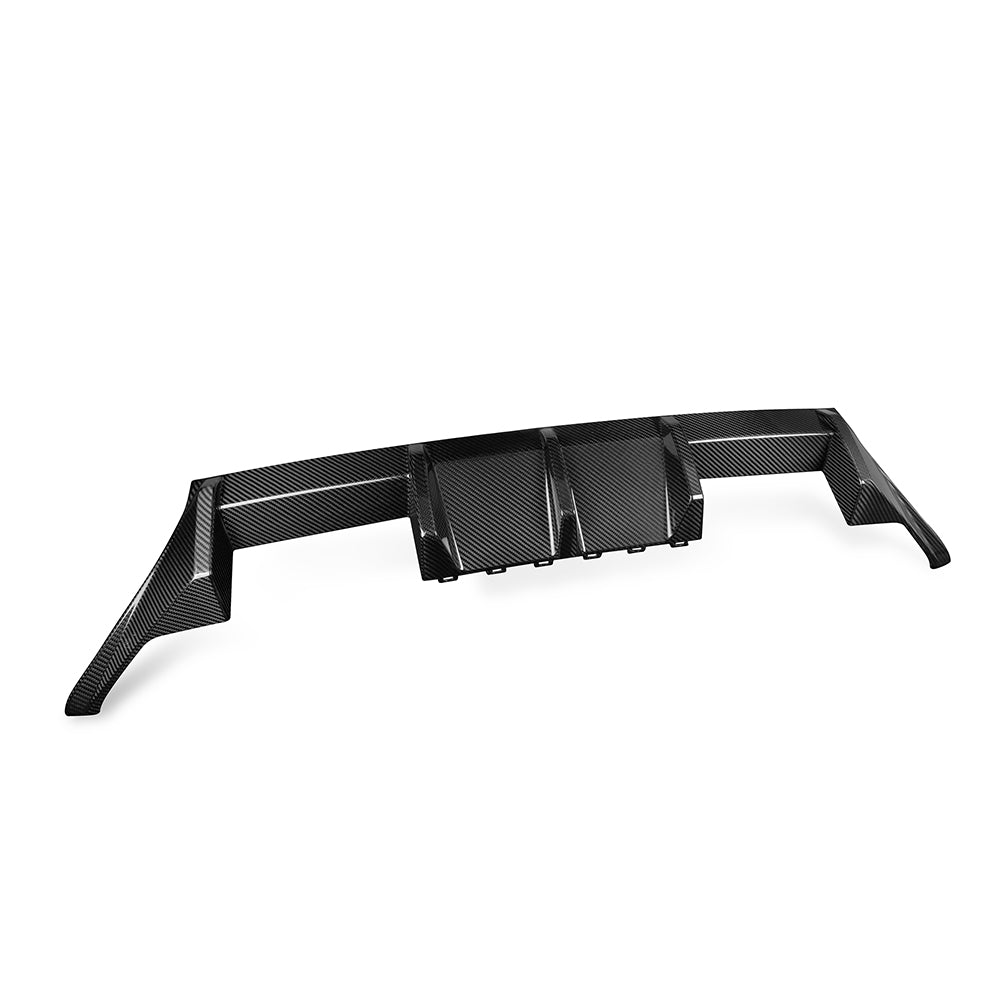 BMW G87 M2 carbon fibre rear diffuser by CT Carbon, V2 style, showcasing its sleek, high-performance design and textured carbon finish.