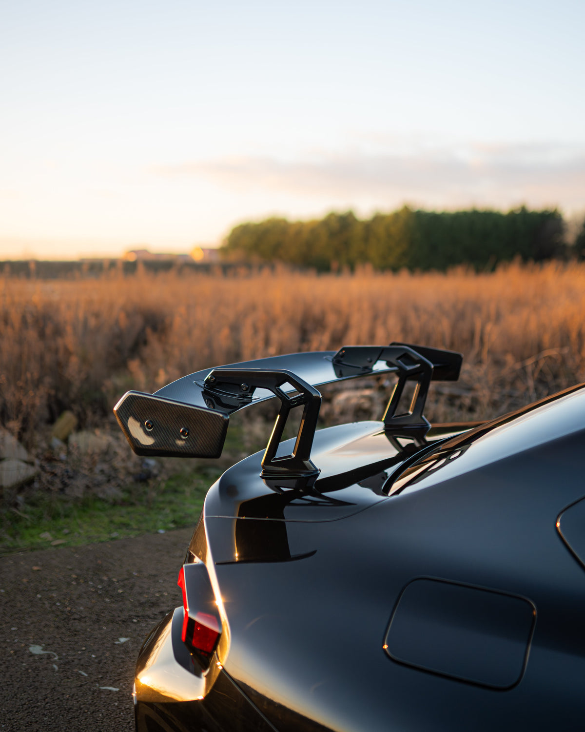 BMW G87 M2 and G42 2 Series carbon fibre swan neck wing spoiler by CT Carbon, showcasing sleek aerodynamic design.