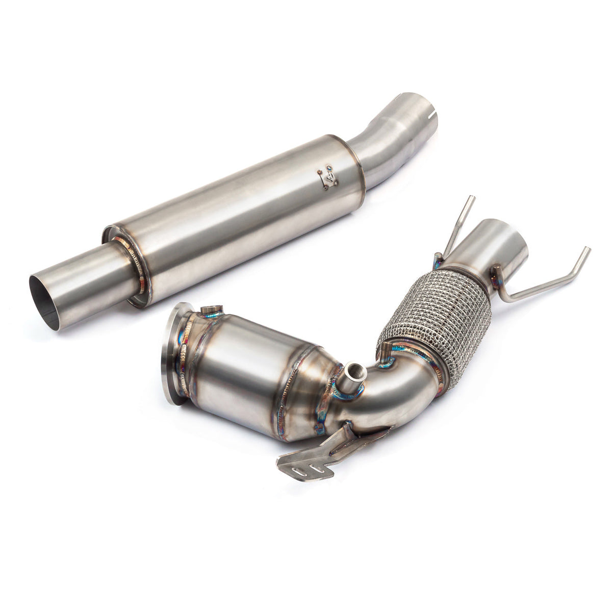 Cobra Sport BMW M135i F40 front downpipe with sports cat, part of performance exhaust package, showing polished metal and pipe details.