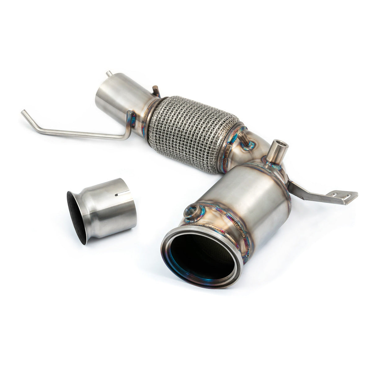 Cobra Sport BMW M135i F40 front downpipe with sports cat, performance exhaust component, designed for standard fitment.