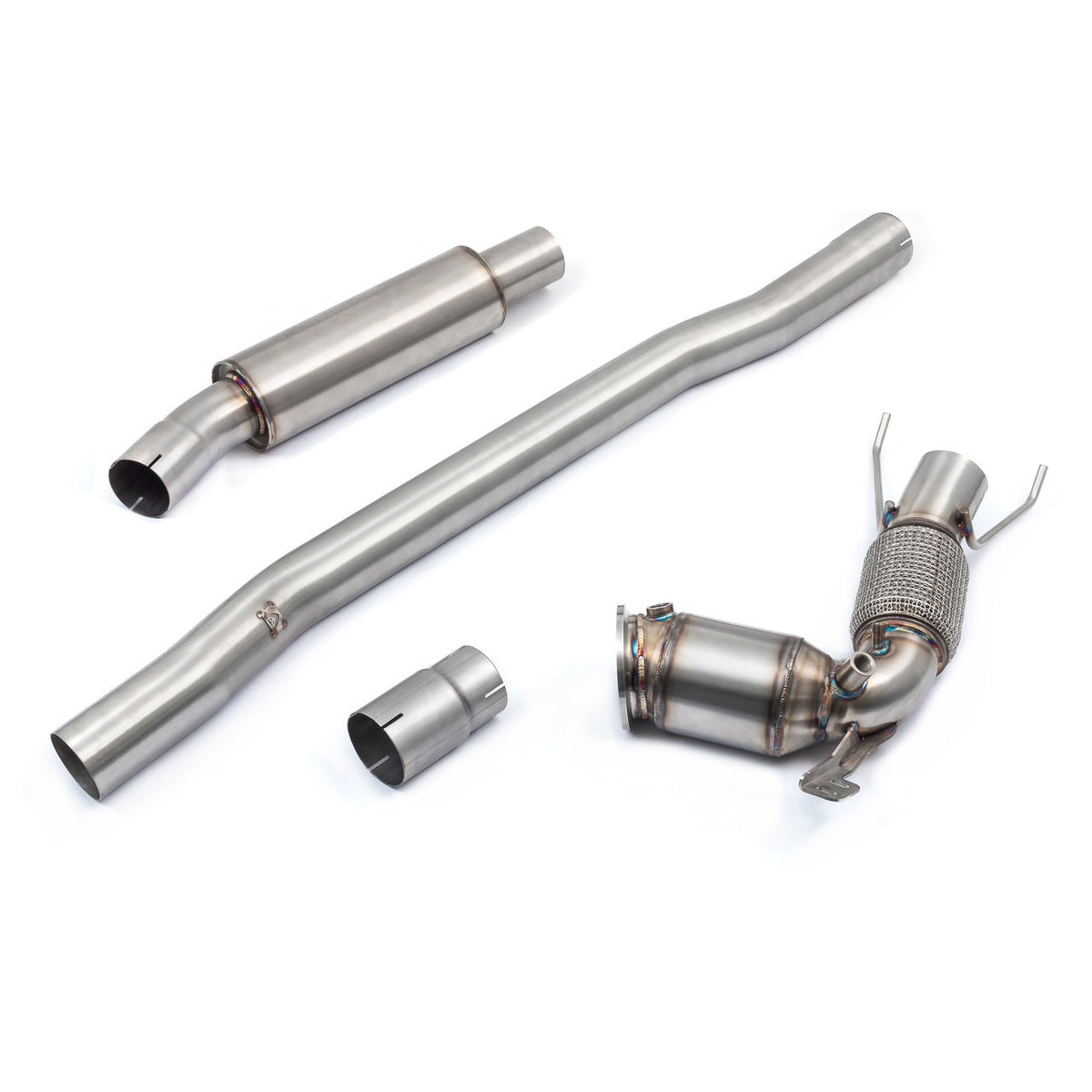 Cobra Sport BMW M135i F40 front downpipe with sports cat, part of performance exhaust package, showing polished metal and fitment details.