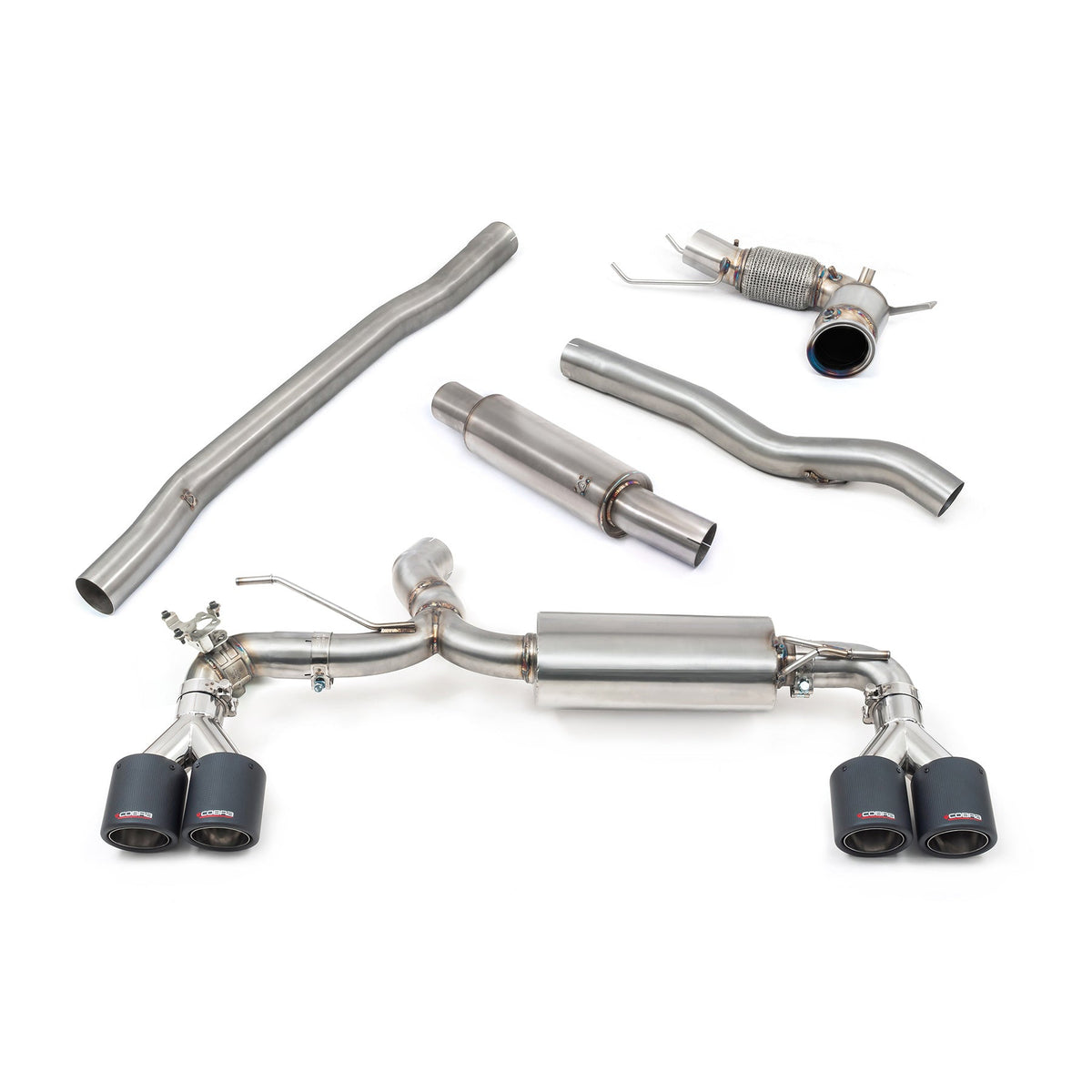 Cobra Sport BMW M135i F40 quad exit turbo back performance exhaust with sporty black tips and polished stainless steel finish.