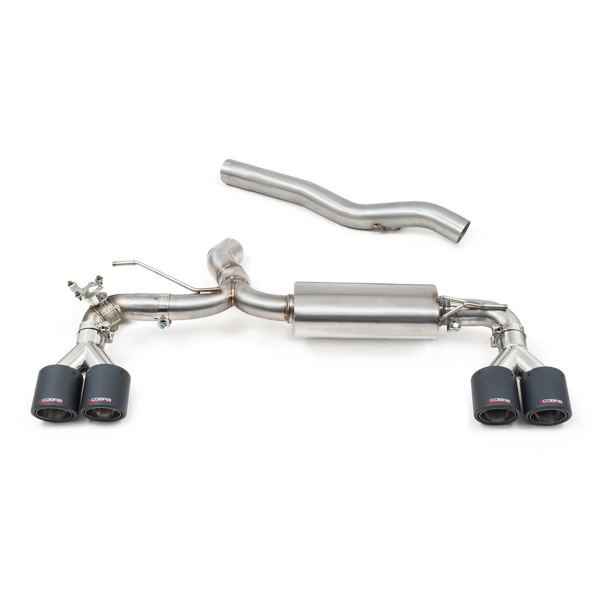 BMW M135i F40 Cobra Sport quad exit GPF back exhaust with M3 style performance design and valved tips, black finish.