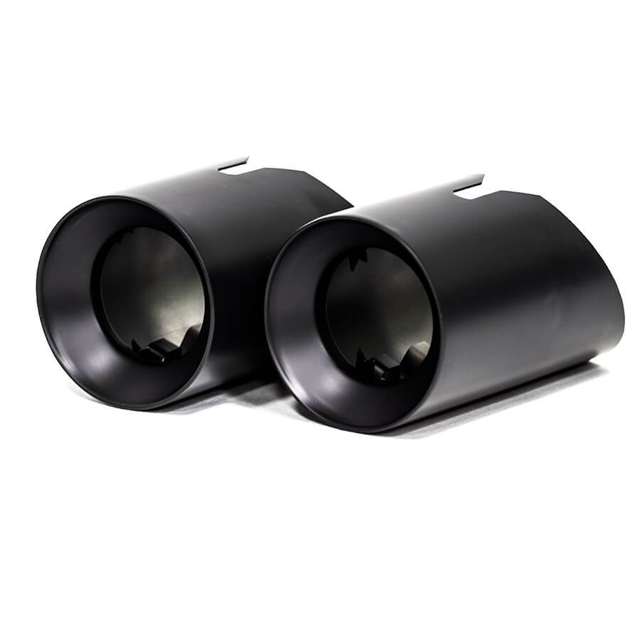 Black ceramic BMW M140i exhaust tailpipes with 3.5-inch M Performance tips by Cobra Sport, OE style replacement slip-on.