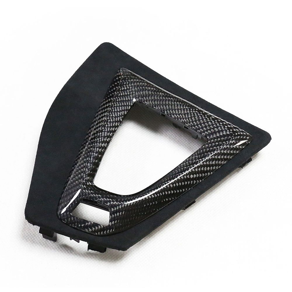 BMW M2C F87 Alcantara and carbon shifter surround accessory by CT Carbon, right-hand drive, with black Alcantara and carbon trim details.