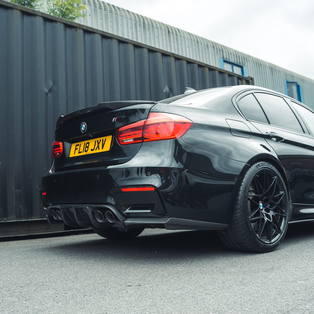BMW M3 F80 and F30 3 Series carbon fibre spoiler by CT Carbon, V1 style, showing the sleek aerodynamic design.