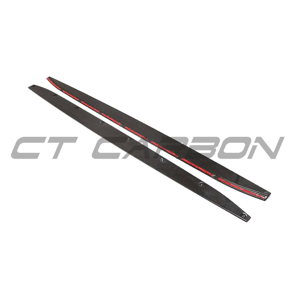 BMW G81 M3 carbon fibre side skirt extensions kit by CT Design, showcasing sleek, lightweight carbon fibre details on the car's sides.