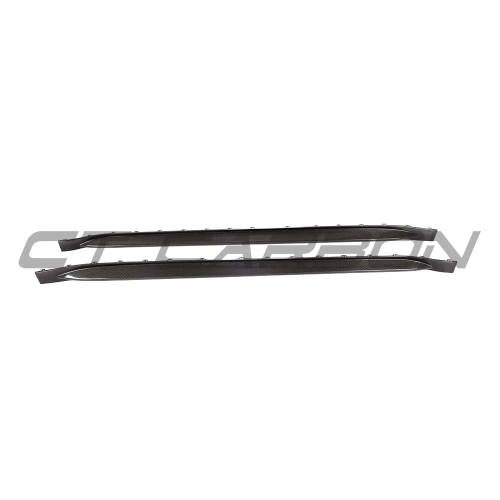 BMW G81 M3 carbon fibre side skirt replacement kit by CT Design, showcasing sleek, lightweight carbon fibre panels on the car's side.