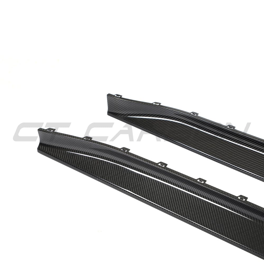 BMW M3 G80 G81 carbon fiber side skirt replacement by CT Carbon, showing sleek, lightweight carbon fiber side skirts on the vehicle.