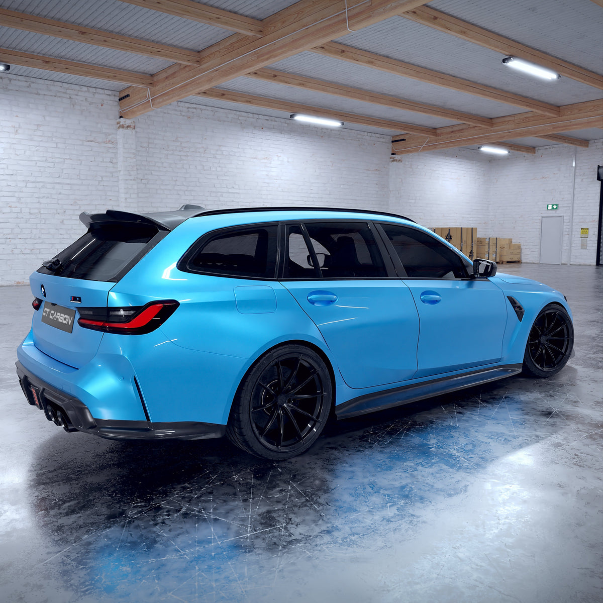 BMW M3 G81 G21 carbon fibre spoiler by CT Carbon, V2 edition, showing sleek aerodynamic design on the car.