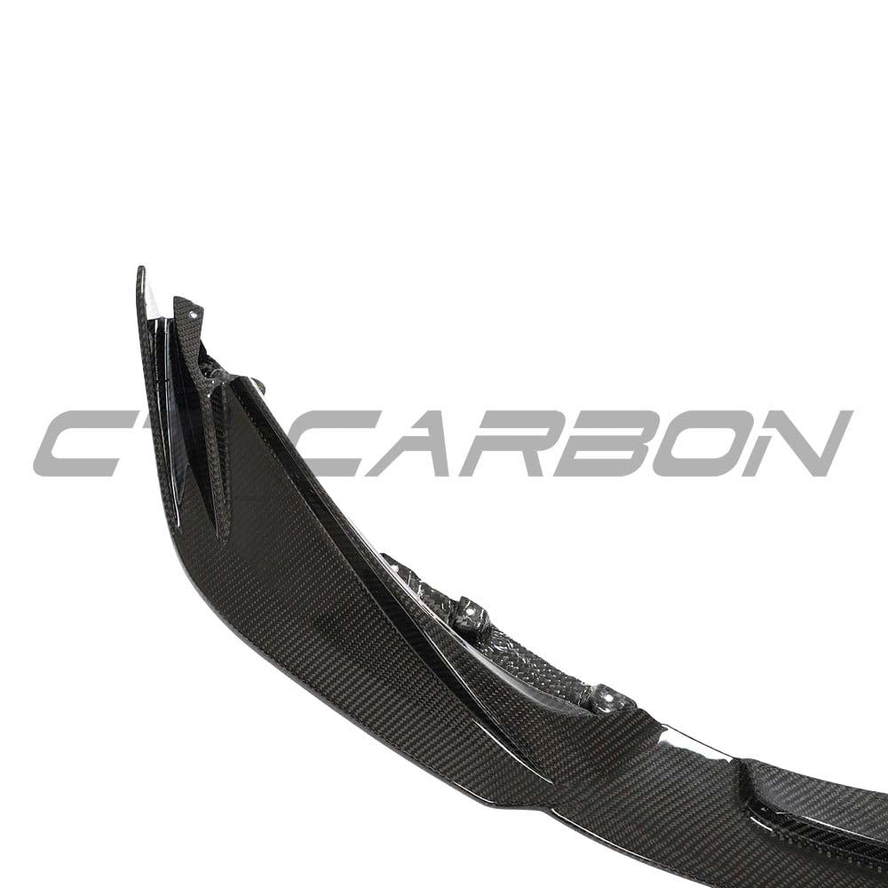 BMW M3 and M4 G80/G81/G82/G83 carbon fibre splitter by CT Carbon, featuring sleek aerodynamic design and high-quality finish.