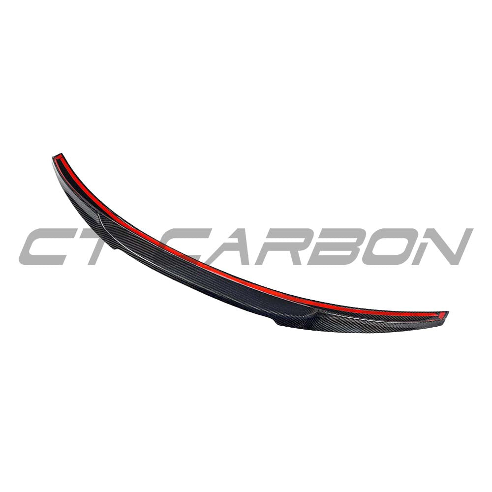 BMW M3 G80 G20 CT Carbon wet carbon fiber spoiler V3 style on a car, showcasing aerodynamic design and glossy finish.