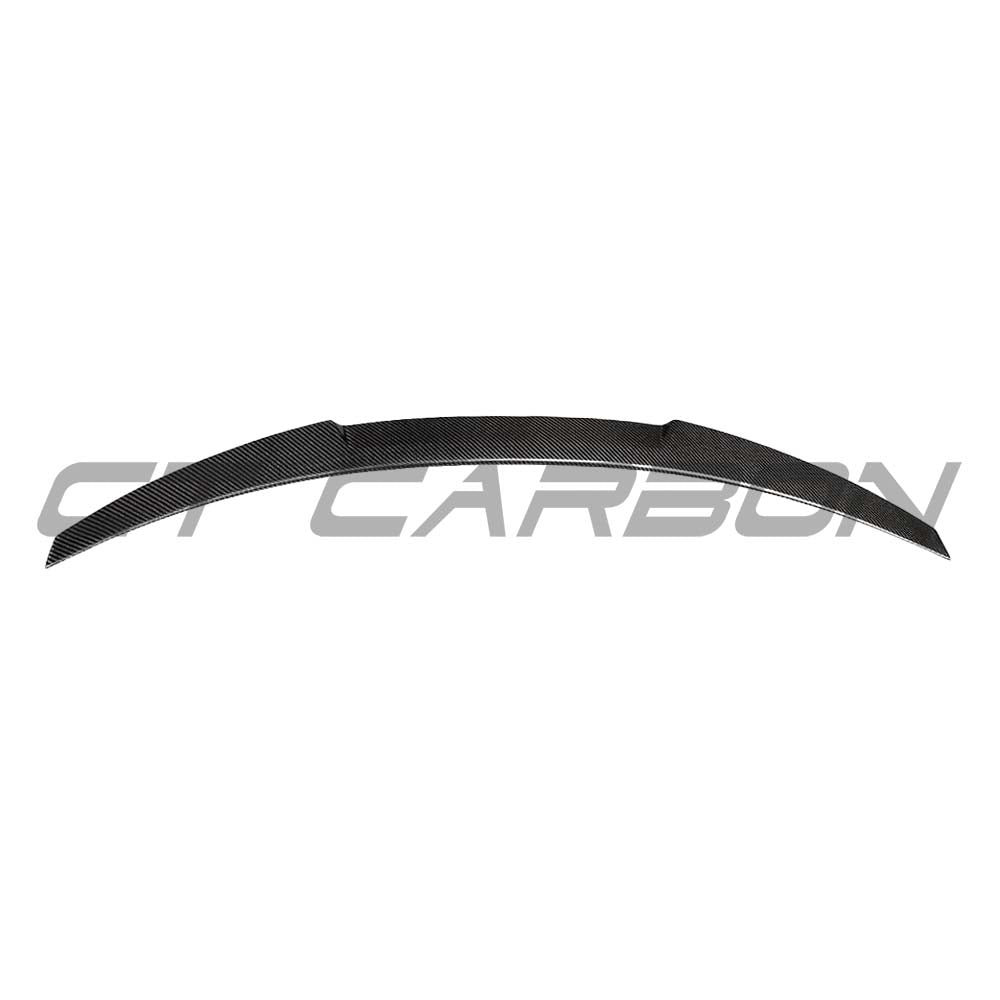 BMW M3 G80 G20 carbon fiber spoiler by CT Carbon, V3 style, wet finish, mounted on the rear of the vehicle.