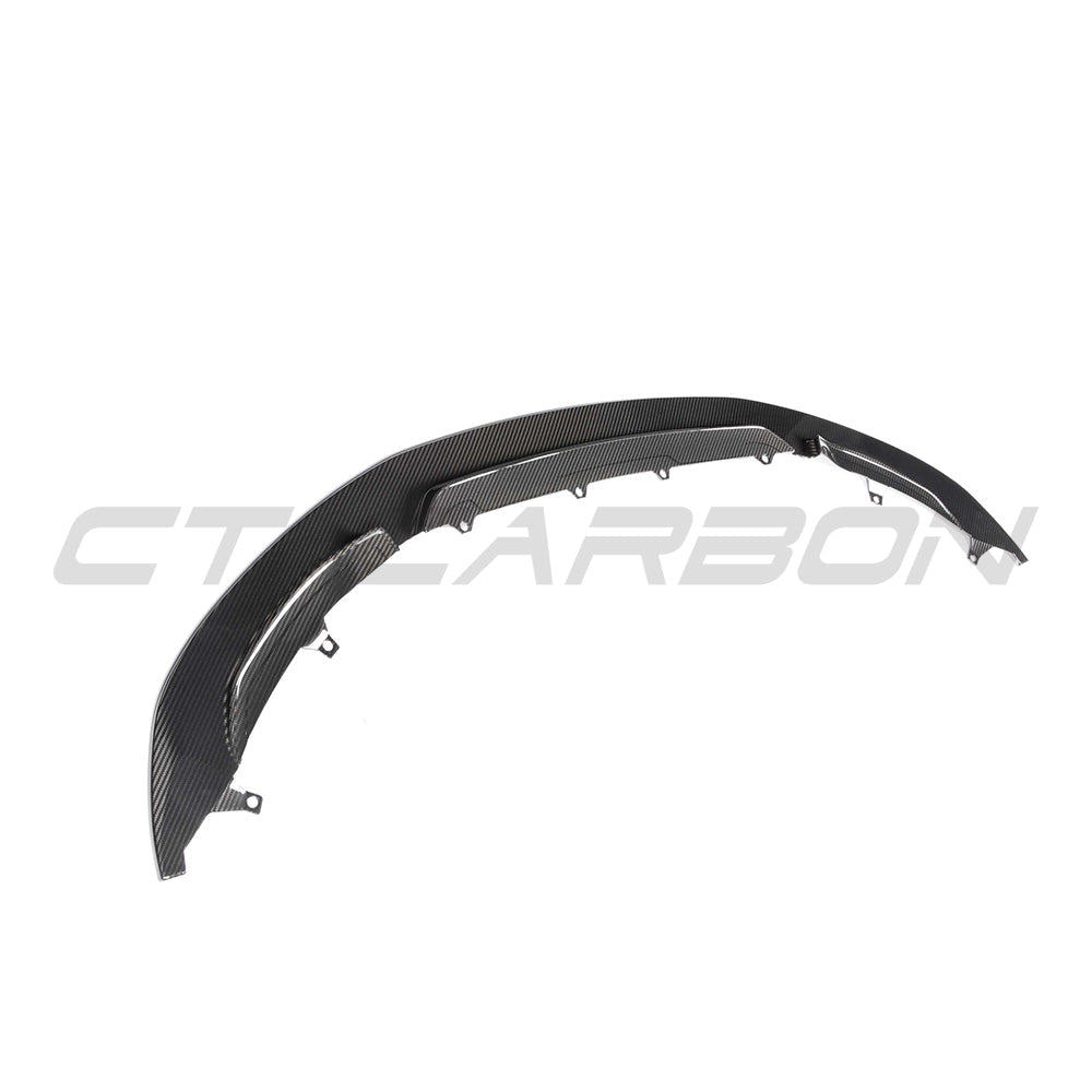 BMW M3 M4 F80 F82 F83 carbon fibre splitter by CT Carbon, V9 GT style, showcasing sleek aerodynamic design.