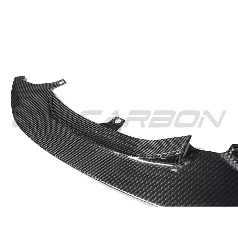 BMW M3 M4 F80 F82 F83 carbon fibre splitter by CT Carbon, V9 GT style, showcasing sleek pre-preg carbon fiber design.