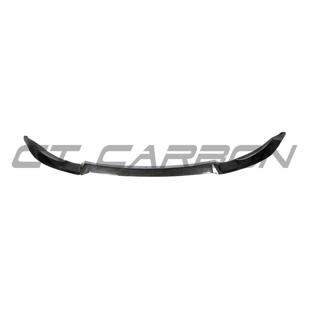 BMW M3 M4 F80 F82 F83 carbon fiber splitter V2 by CT Carbon, shown on a sporty car with sleek black finish.