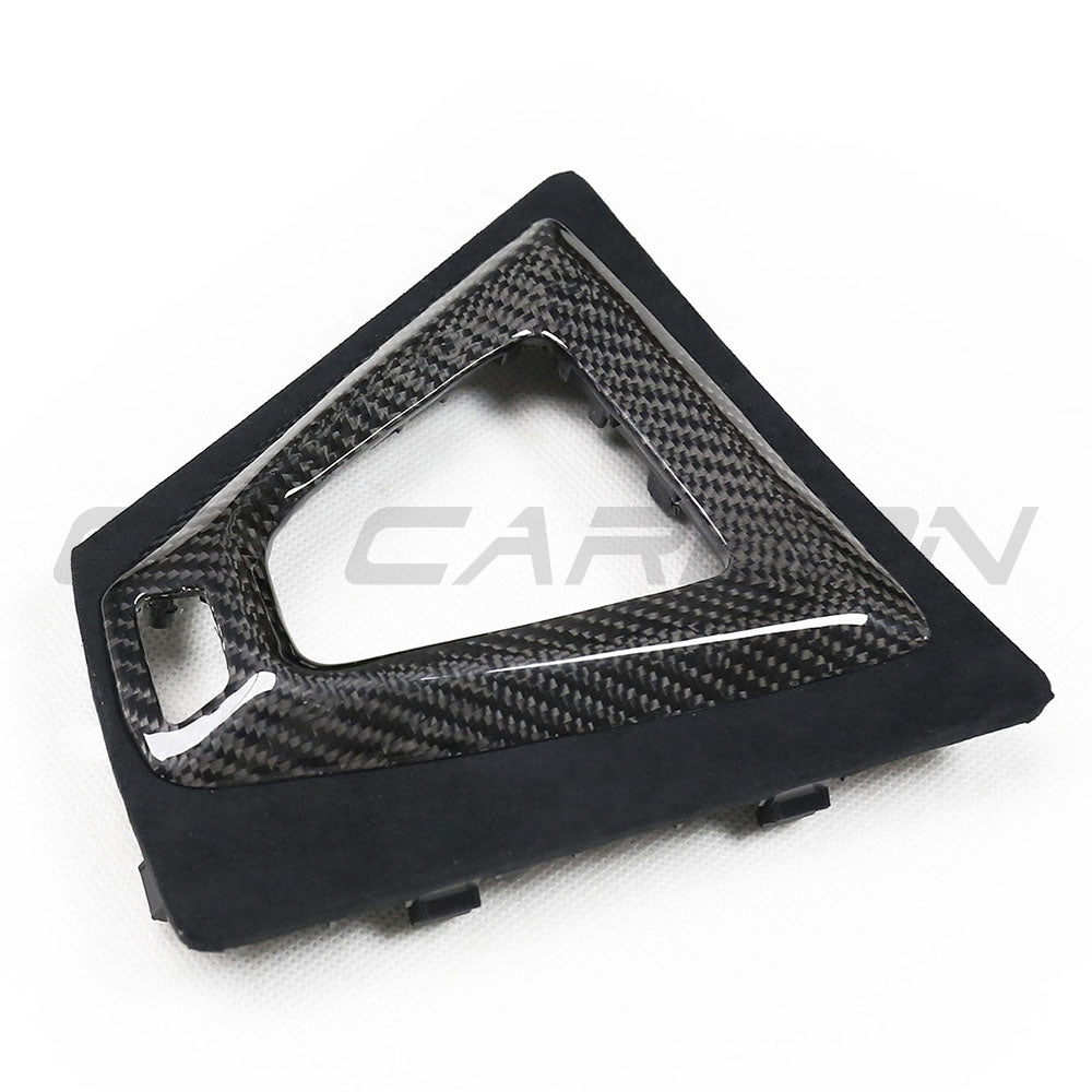 BMW M3 M4 F80 F82 F83 F87 ALCANTARA and carbon shifter surround accessory by CT Carbon, for LHD models, shown in the image.